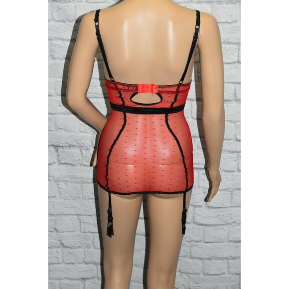 NWT CARRIE AMBER S RED SWISS DOT POM POM CHRISTMAS HOLIDAY LINGERIE CORSET TEDDY - Picture 8 of 11